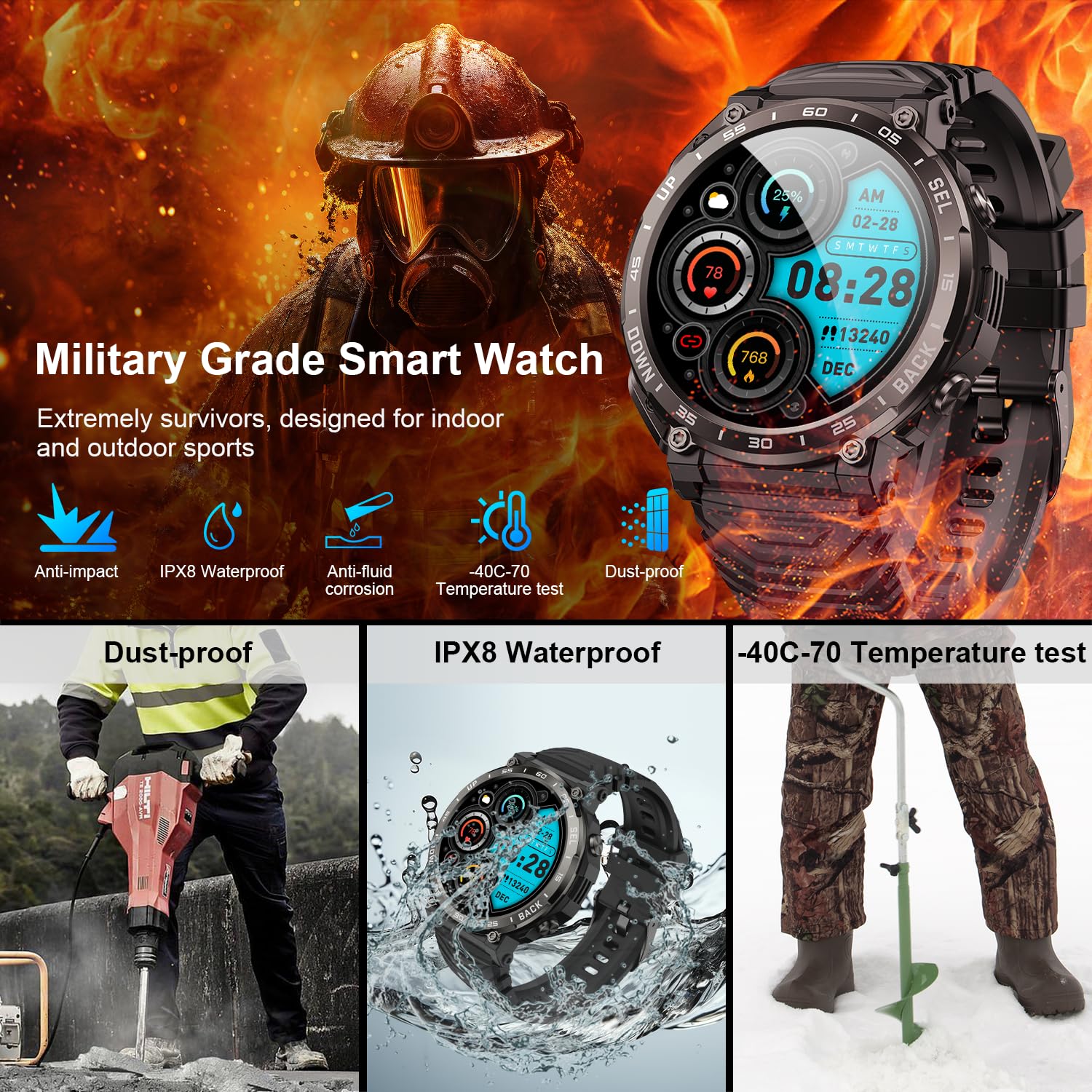 Smart Watch For Men Fitness Tracker: Military Smart Watches For Men Running Digital Mens Watches Make/Answer Call Waterproof Sma